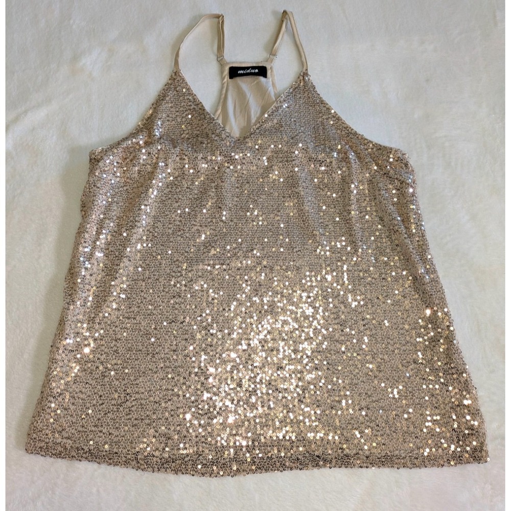 Miduo Solid Rose Gold Sequin Racerback Blouse Tank Women's Size Large Festive